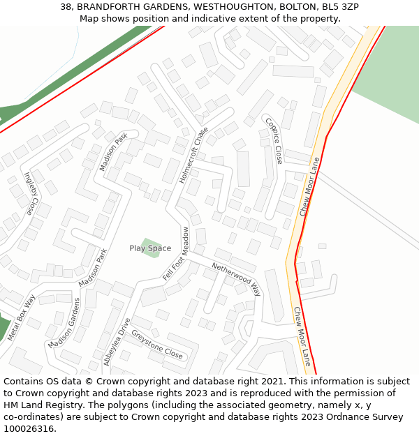 38, BRANDFORTH GARDENS, WESTHOUGHTON, BOLTON, BL5 3ZP: Location map and indicative extent of plot