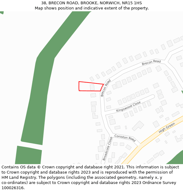 38, BRECON ROAD, BROOKE, NORWICH, NR15 1HS: Location map and indicative extent of plot