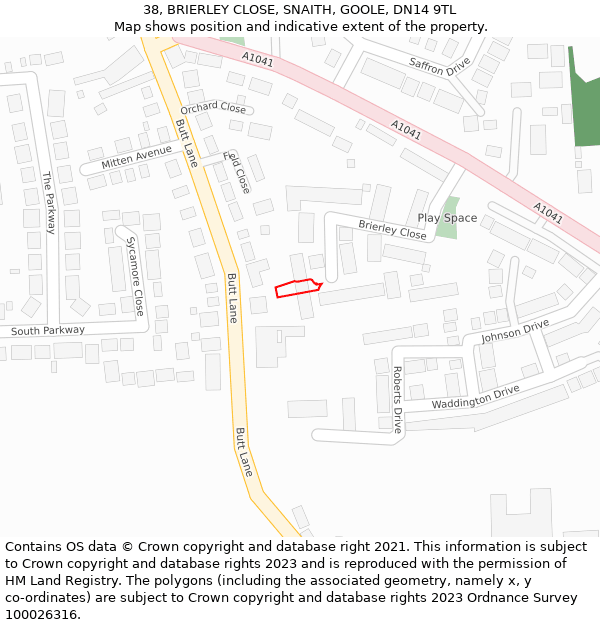 38, BRIERLEY CLOSE, SNAITH, GOOLE, DN14 9TL: Location map and indicative extent of plot