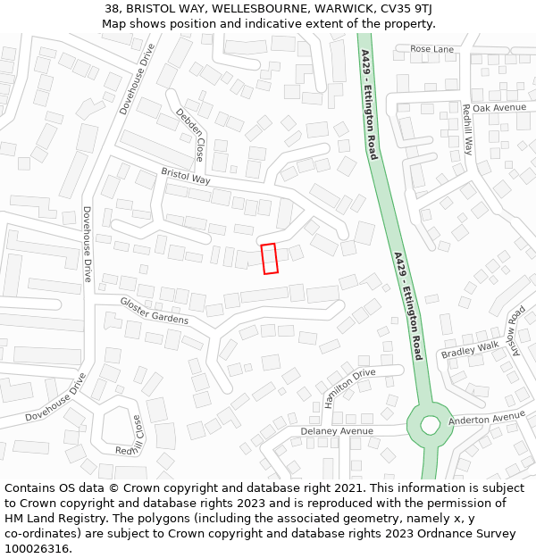 38, BRISTOL WAY, WELLESBOURNE, WARWICK, CV35 9TJ: Location map and indicative extent of plot