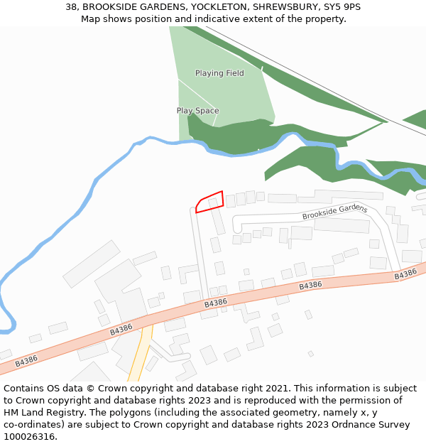 38, BROOKSIDE GARDENS, YOCKLETON, SHREWSBURY, SY5 9PS: Location map and indicative extent of plot