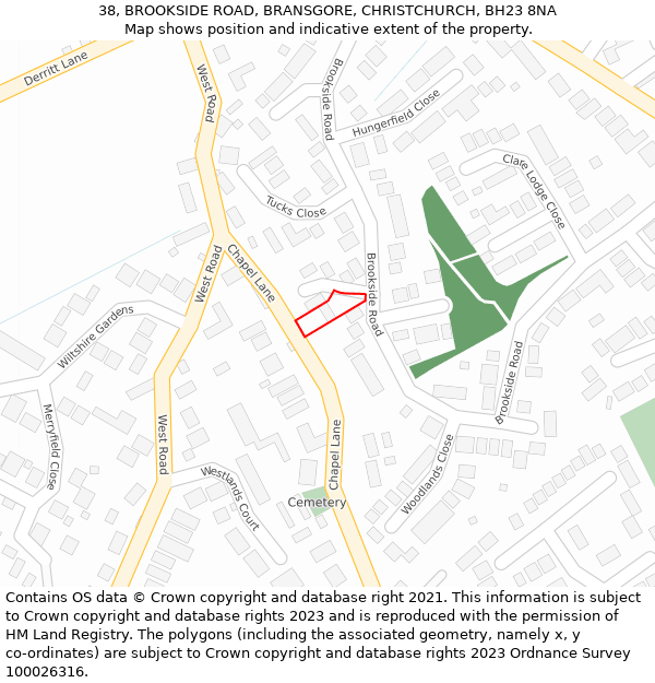 38, BROOKSIDE ROAD, BRANSGORE, CHRISTCHURCH, BH23 8NA: Location map and indicative extent of plot