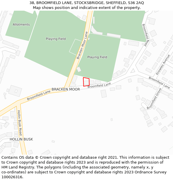38, BROOMFIELD LANE, STOCKSBRIDGE, SHEFFIELD, S36 2AQ: Location map and indicative extent of plot