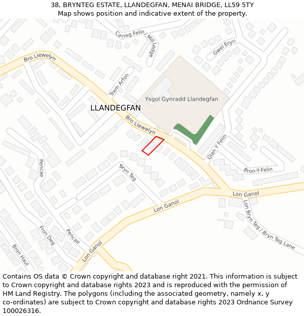 38, BRYNTEG ESTATE, LLANDEGFAN, MENAI BRIDGE, LL59 5TY: Location map and indicative extent of plot