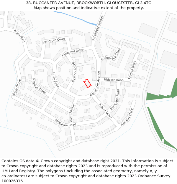 38, BUCCANEER AVENUE, BROCKWORTH, GLOUCESTER, GL3 4TG: Location map and indicative extent of plot