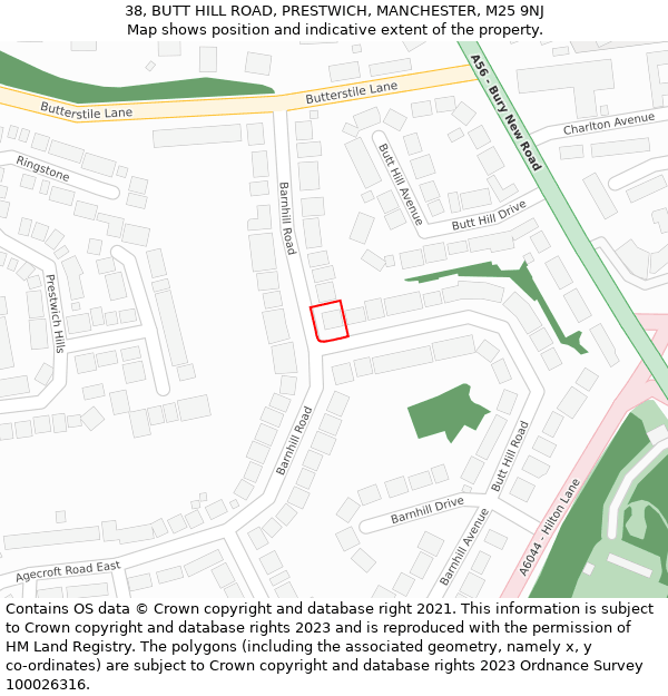 38, BUTT HILL ROAD, PRESTWICH, MANCHESTER, M25 9NJ: Location map and indicative extent of plot