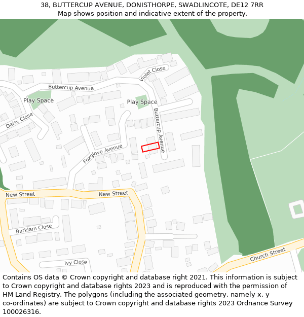 38, BUTTERCUP AVENUE, DONISTHORPE, SWADLINCOTE, DE12 7RR: Location map and indicative extent of plot