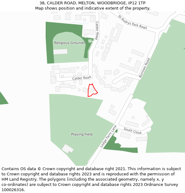 38, CALDER ROAD, MELTON, WOODBRIDGE, IP12 1TP: Location map and indicative extent of plot