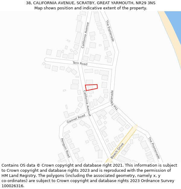 38, CALIFORNIA AVENUE, SCRATBY, GREAT YARMOUTH, NR29 3NS: Location map and indicative extent of plot