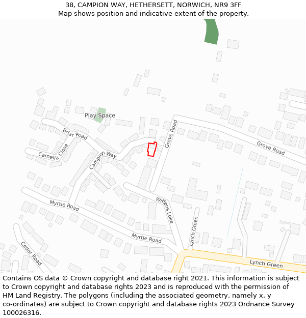 38, CAMPION WAY, HETHERSETT, NORWICH, NR9 3FF: Location map and indicative extent of plot