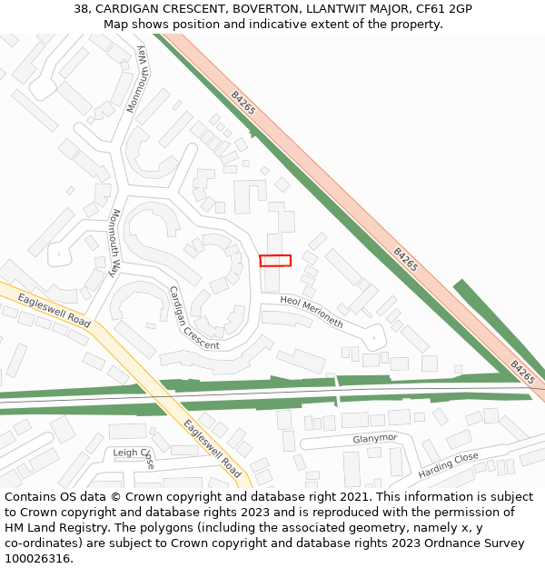 38, CARDIGAN CRESCENT, BOVERTON, LLANTWIT MAJOR, CF61 2GP: Location map and indicative extent of plot