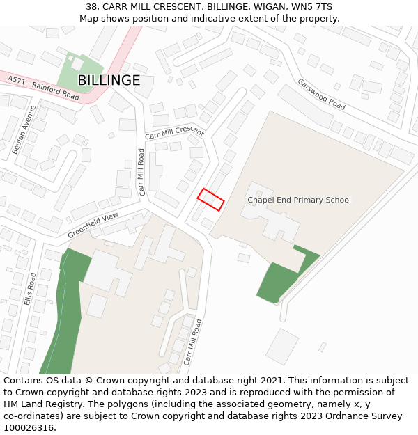 38, CARR MILL CRESCENT, BILLINGE, WIGAN, WN5 7TS: Location map and indicative extent of plot