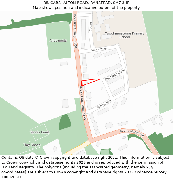 38, CARSHALTON ROAD, BANSTEAD, SM7 3HR: Location map and indicative extent of plot