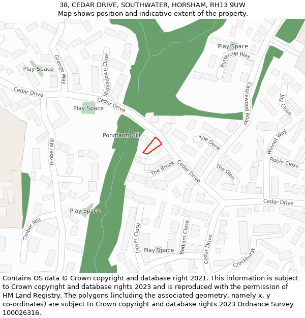 38, CEDAR DRIVE, SOUTHWATER, HORSHAM, RH13 9UW: Location map and indicative extent of plot