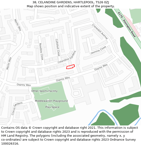 38, CELANDINE GARDENS, HARTLEPOOL, TS26 0ZJ: Location map and indicative extent of plot