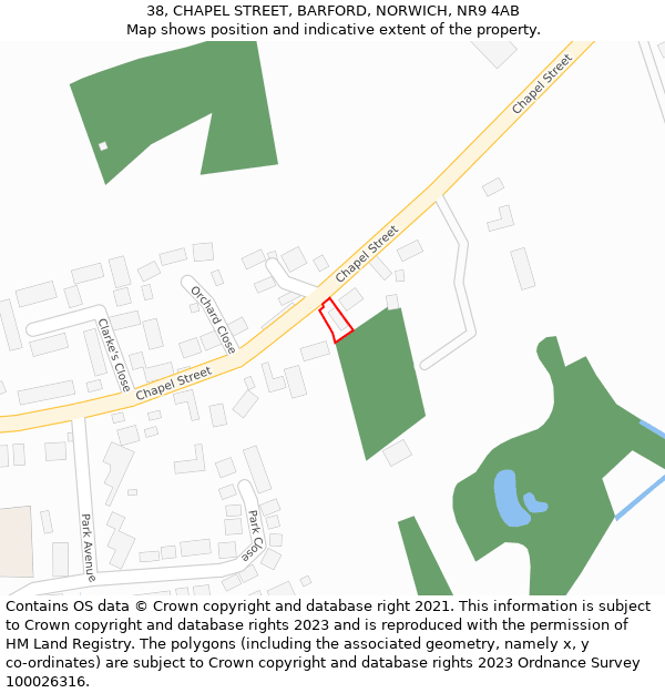 38, CHAPEL STREET, BARFORD, NORWICH, NR9 4AB: Location map and indicative extent of plot
