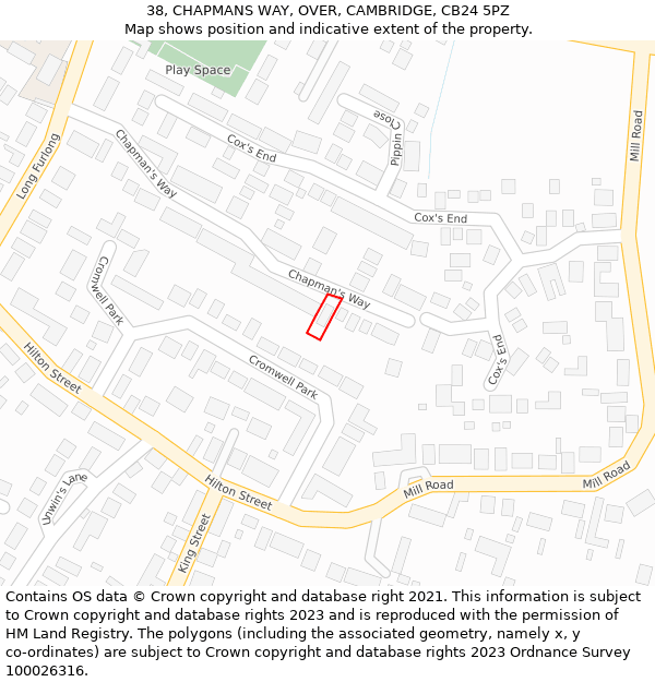 38, CHAPMANS WAY, OVER, CAMBRIDGE, CB24 5PZ: Location map and indicative extent of plot