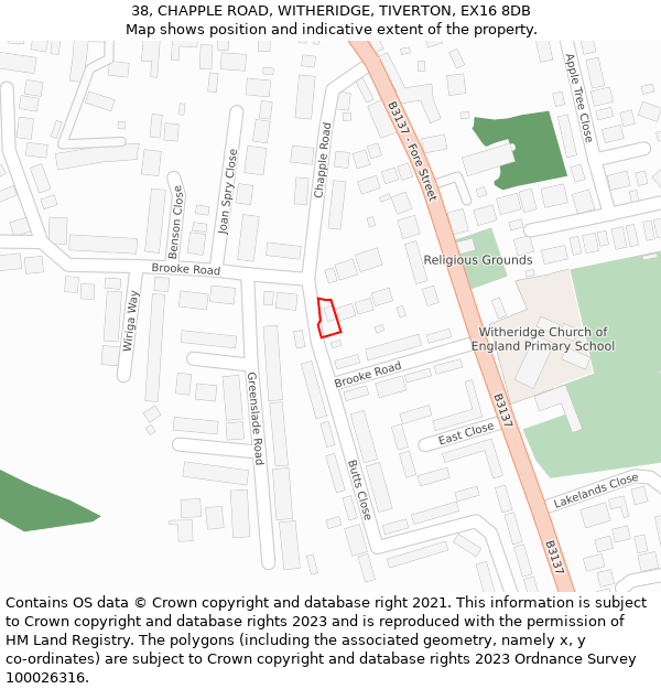 38, CHAPPLE ROAD, WITHERIDGE, TIVERTON, EX16 8DB: Location map and indicative extent of plot