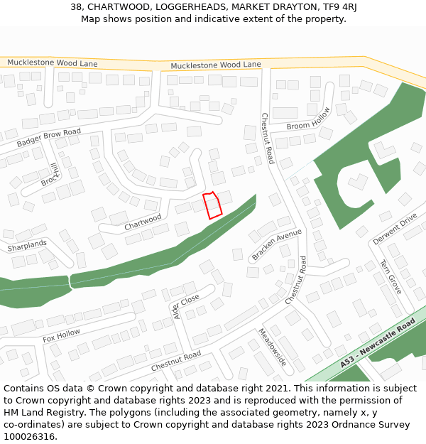 38, CHARTWOOD, LOGGERHEADS, MARKET DRAYTON, TF9 4RJ: Location map and indicative extent of plot