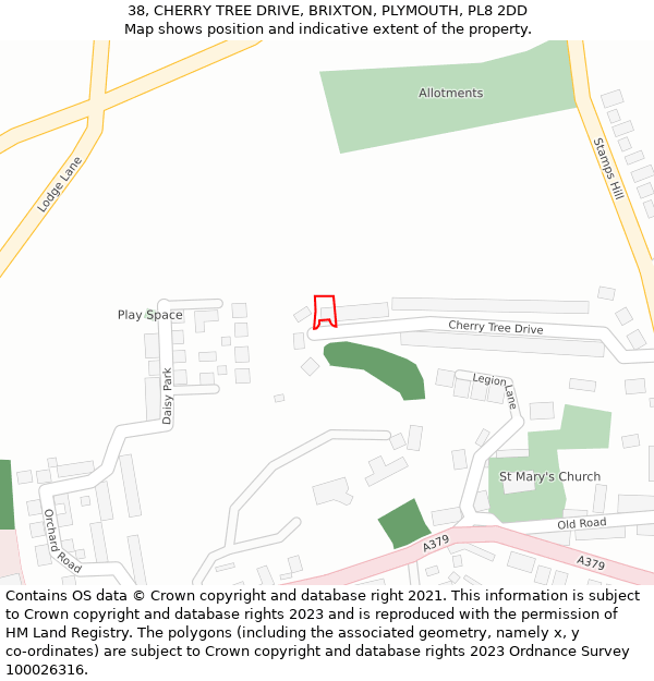 38, CHERRY TREE DRIVE, BRIXTON, PLYMOUTH, PL8 2DD: Location map and indicative extent of plot