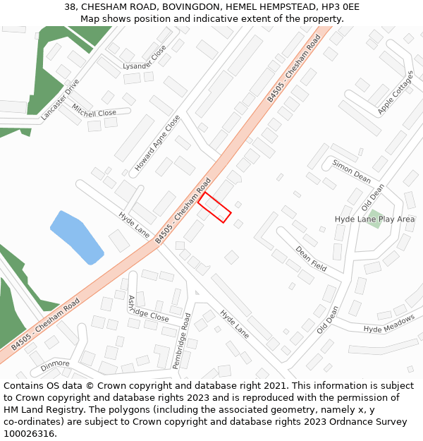 38, CHESHAM ROAD, BOVINGDON, HEMEL HEMPSTEAD, HP3 0EE: Location map and indicative extent of plot