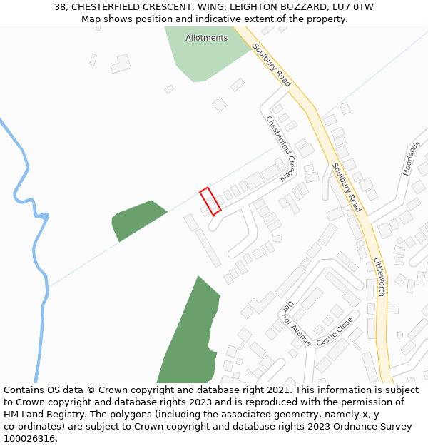38, CHESTERFIELD CRESCENT, WING, LEIGHTON BUZZARD, LU7 0TW: Location map and indicative extent of plot