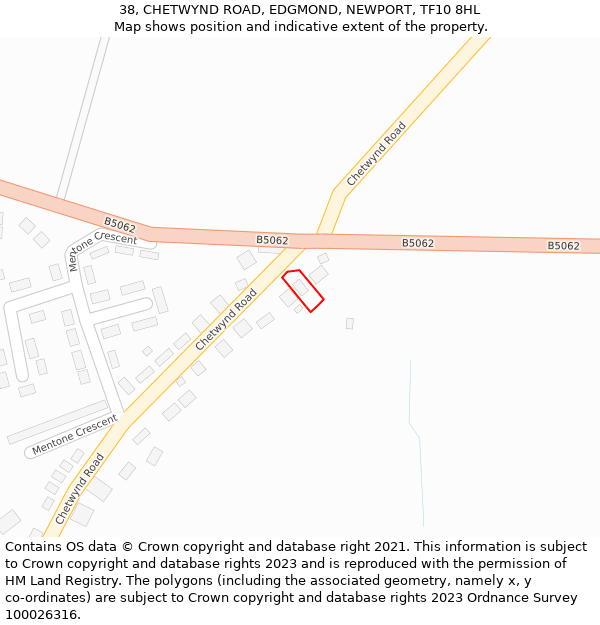 38, CHETWYND ROAD, EDGMOND, NEWPORT, TF10 8HL: Location map and indicative extent of plot