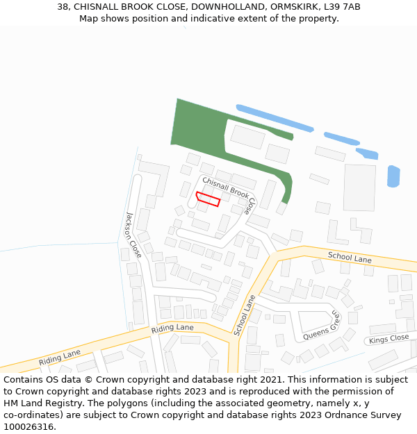 38, CHISNALL BROOK CLOSE, DOWNHOLLAND, ORMSKIRK, L39 7AB: Location map and indicative extent of plot