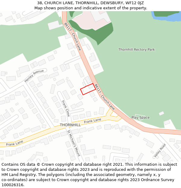 38, CHURCH LANE, THORNHILL, DEWSBURY, WF12 0JZ: Location map and indicative extent of plot