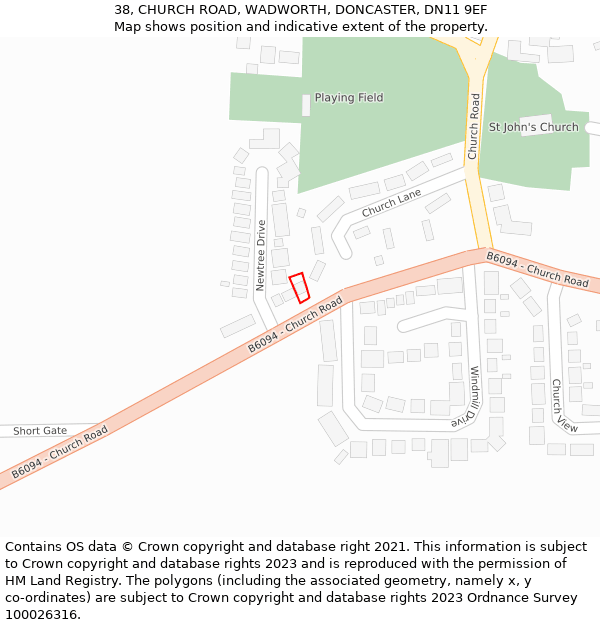 38, CHURCH ROAD, WADWORTH, DONCASTER, DN11 9EF: Location map and indicative extent of plot