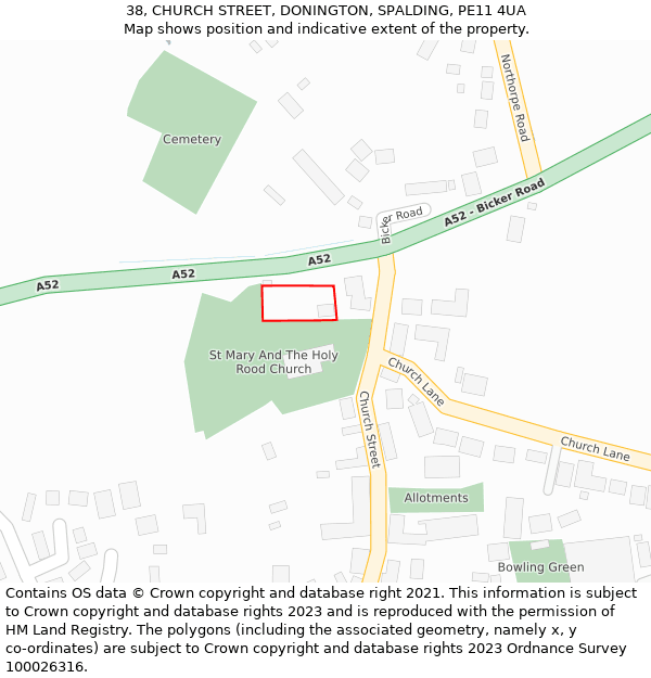 38, CHURCH STREET, DONINGTON, SPALDING, PE11 4UA: Location map and indicative extent of plot