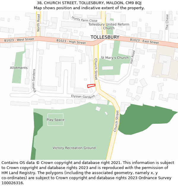 38, CHURCH STREET, TOLLESBURY, MALDON, CM9 8QJ: Location map and indicative extent of plot