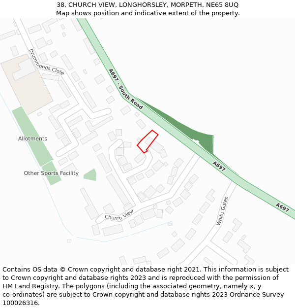 38, CHURCH VIEW, LONGHORSLEY, MORPETH, NE65 8UQ: Location map and indicative extent of plot