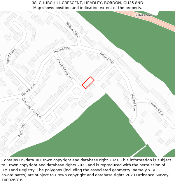 38, CHURCHILL CRESCENT, HEADLEY, BORDON, GU35 8ND: Location map and indicative extent of plot