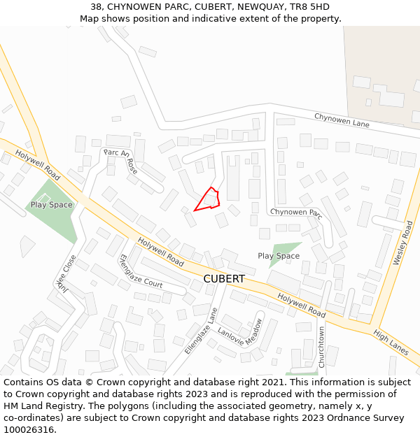 38, CHYNOWEN PARC, CUBERT, NEWQUAY, TR8 5HD: Location map and indicative extent of plot