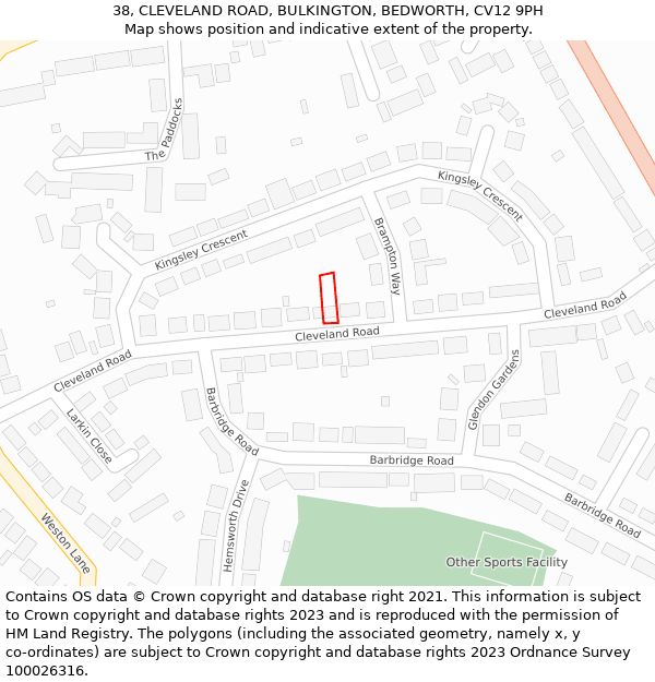 38, CLEVELAND ROAD, BULKINGTON, BEDWORTH, CV12 9PH: Location map and indicative extent of plot