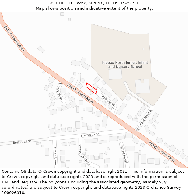 38, CLIFFORD WAY, KIPPAX, LEEDS, LS25 7FD: Location map and indicative extent of plot