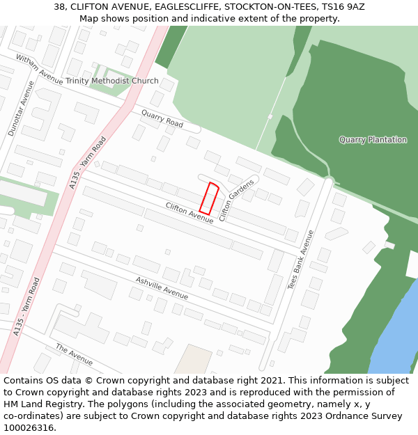 38, CLIFTON AVENUE, EAGLESCLIFFE, STOCKTON-ON-TEES, TS16 9AZ: Location map and indicative extent of plot