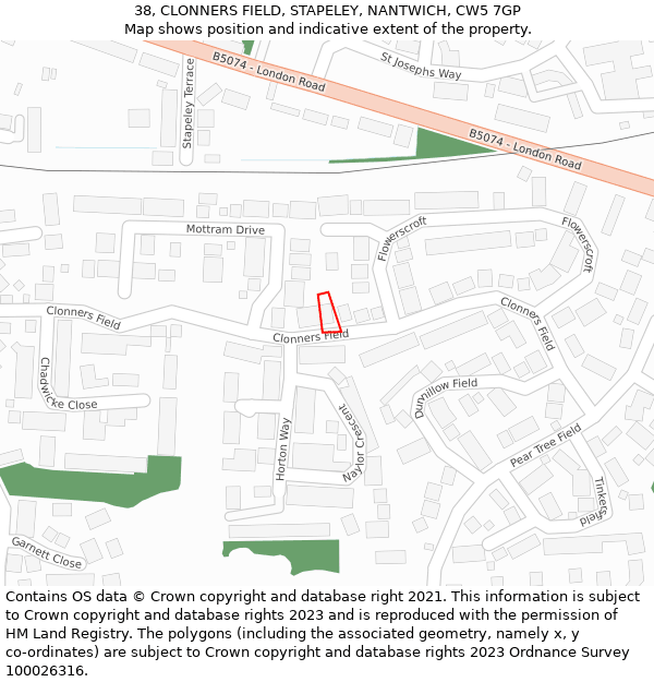 38, CLONNERS FIELD, STAPELEY, NANTWICH, CW5 7GP: Location map and indicative extent of plot