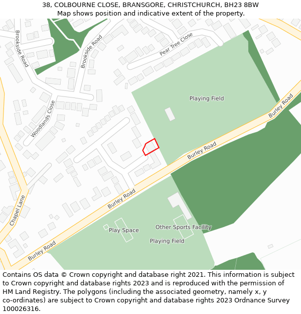 38, COLBOURNE CLOSE, BRANSGORE, CHRISTCHURCH, BH23 8BW: Location map and indicative extent of plot