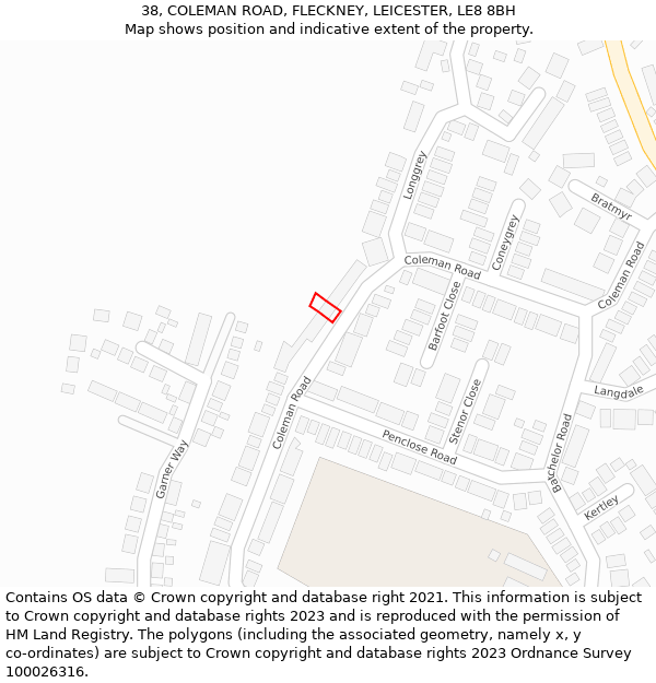 38, COLEMAN ROAD, FLECKNEY, LEICESTER, LE8 8BH: Location map and indicative extent of plot