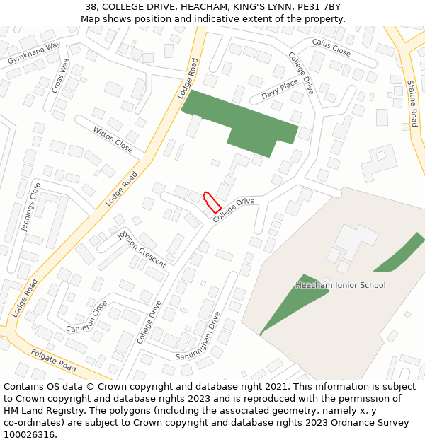 38, COLLEGE DRIVE, HEACHAM, KING'S LYNN, PE31 7BY: Location map and indicative extent of plot