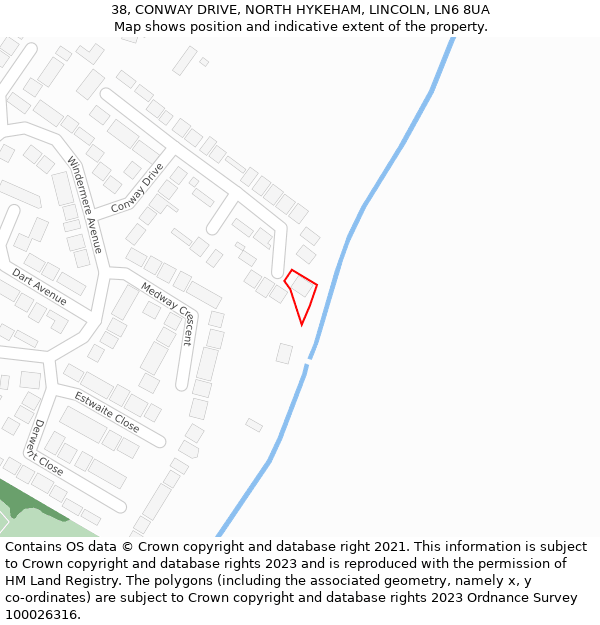38, CONWAY DRIVE, NORTH HYKEHAM, LINCOLN, LN6 8UA: Location map and indicative extent of plot