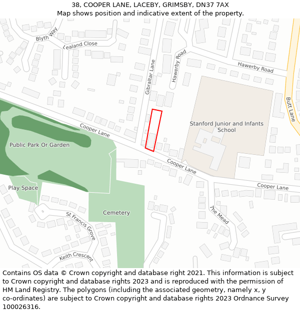 38, COOPER LANE, LACEBY, GRIMSBY, DN37 7AX: Location map and indicative extent of plot