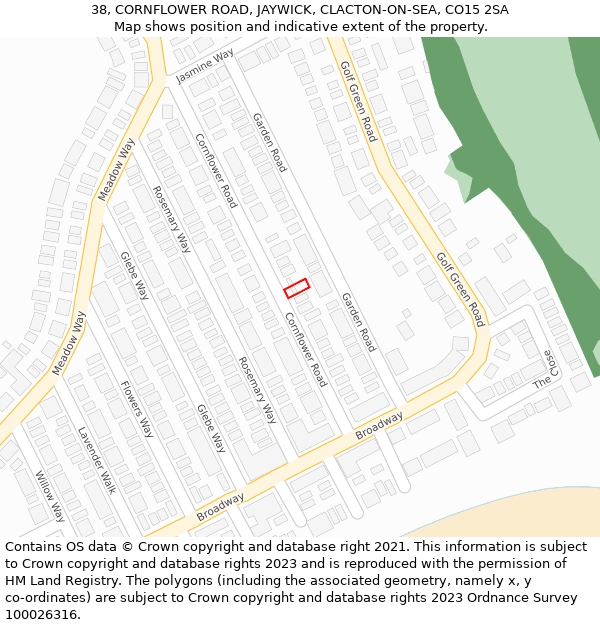 38, CORNFLOWER ROAD, JAYWICK, CLACTON-ON-SEA, CO15 2SA: Location map and indicative extent of plot