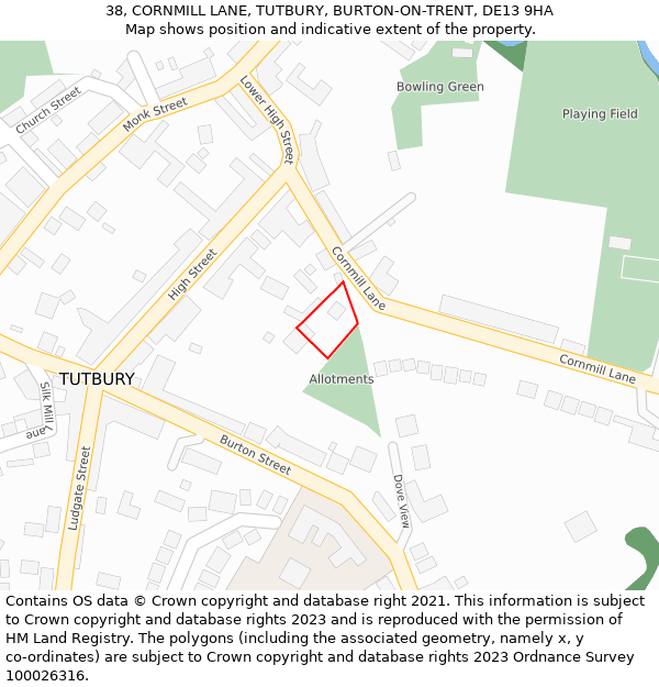 38, CORNMILL LANE, TUTBURY, BURTON-ON-TRENT, DE13 9HA: Location map and indicative extent of plot