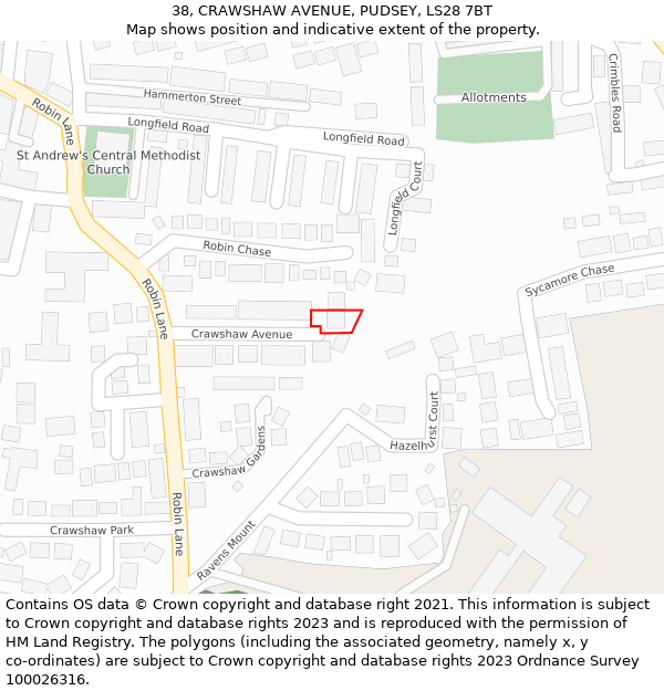 38, CRAWSHAW AVENUE, PUDSEY, LS28 7BT: Location map and indicative extent of plot