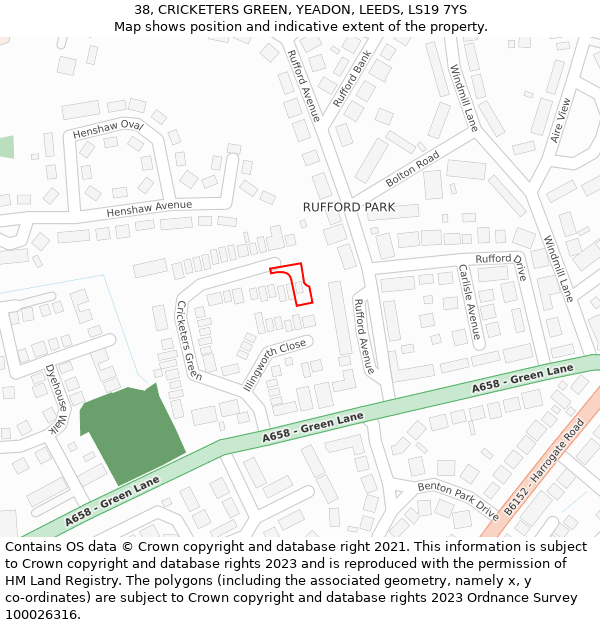 38, CRICKETERS GREEN, YEADON, LEEDS, LS19 7YS: Location map and indicative extent of plot
