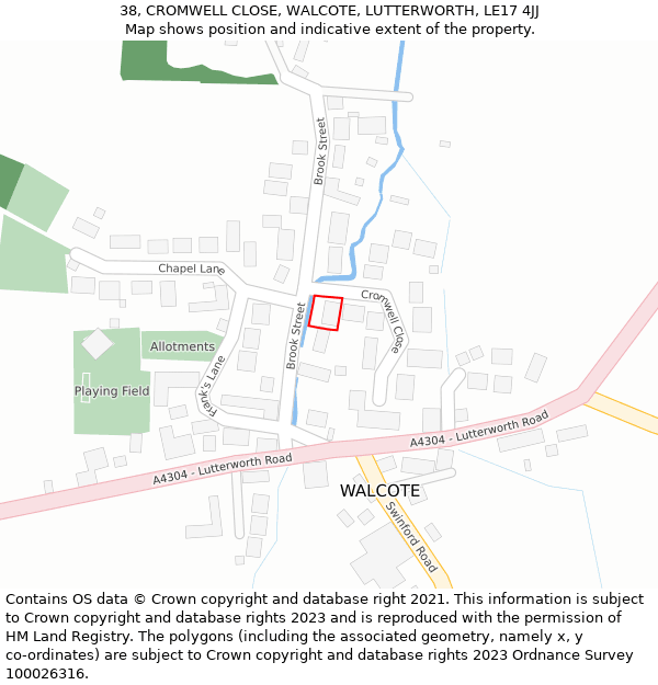 38, CROMWELL CLOSE, WALCOTE, LUTTERWORTH, LE17 4JJ: Location map and indicative extent of plot