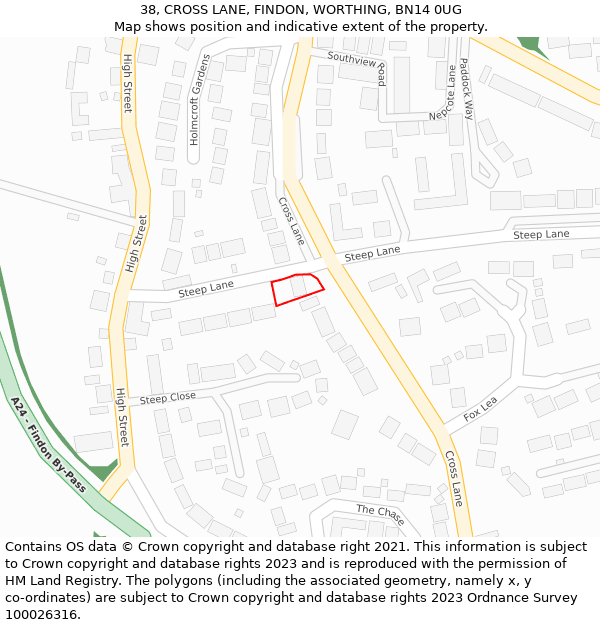 38, CROSS LANE, FINDON, WORTHING, BN14 0UG: Location map and indicative extent of plot